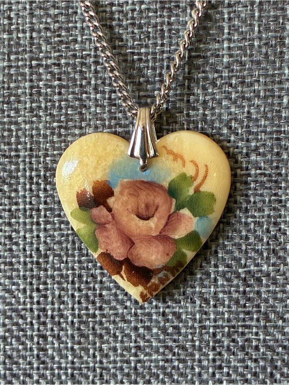 Hand-Painted Floral Heart Charm Necklace – Vintage Cottagecore Romantic